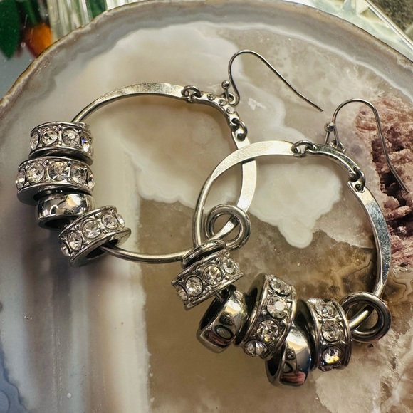 Contemporary Design Silver-tone Hoop Earrings with Crystal Accents - Picture 1 of 8